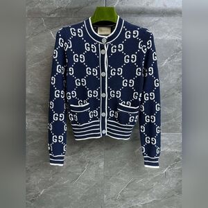 Gucci Navy Blue GG Jacquard Knit Cardigan